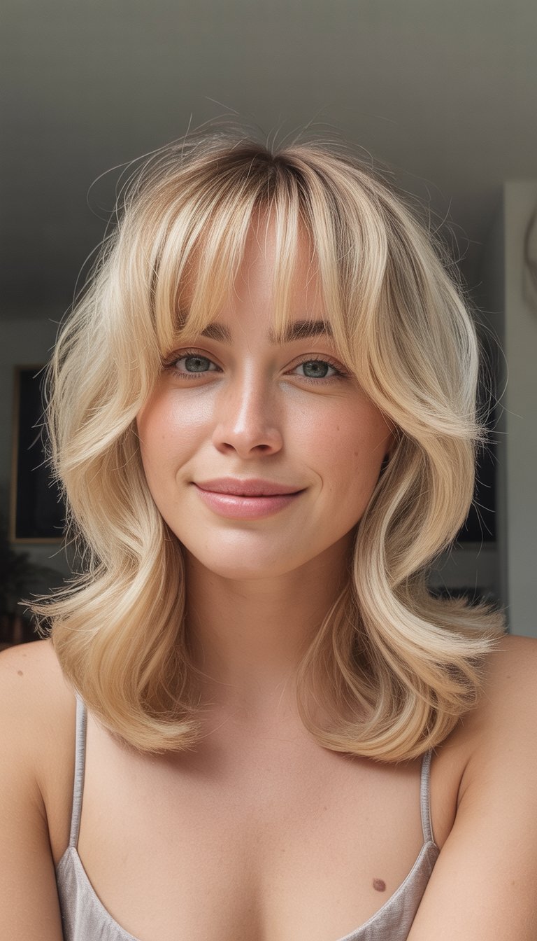 A woman with blonde hair sitting in a casual setting, smiling softly with a relaxed expression.