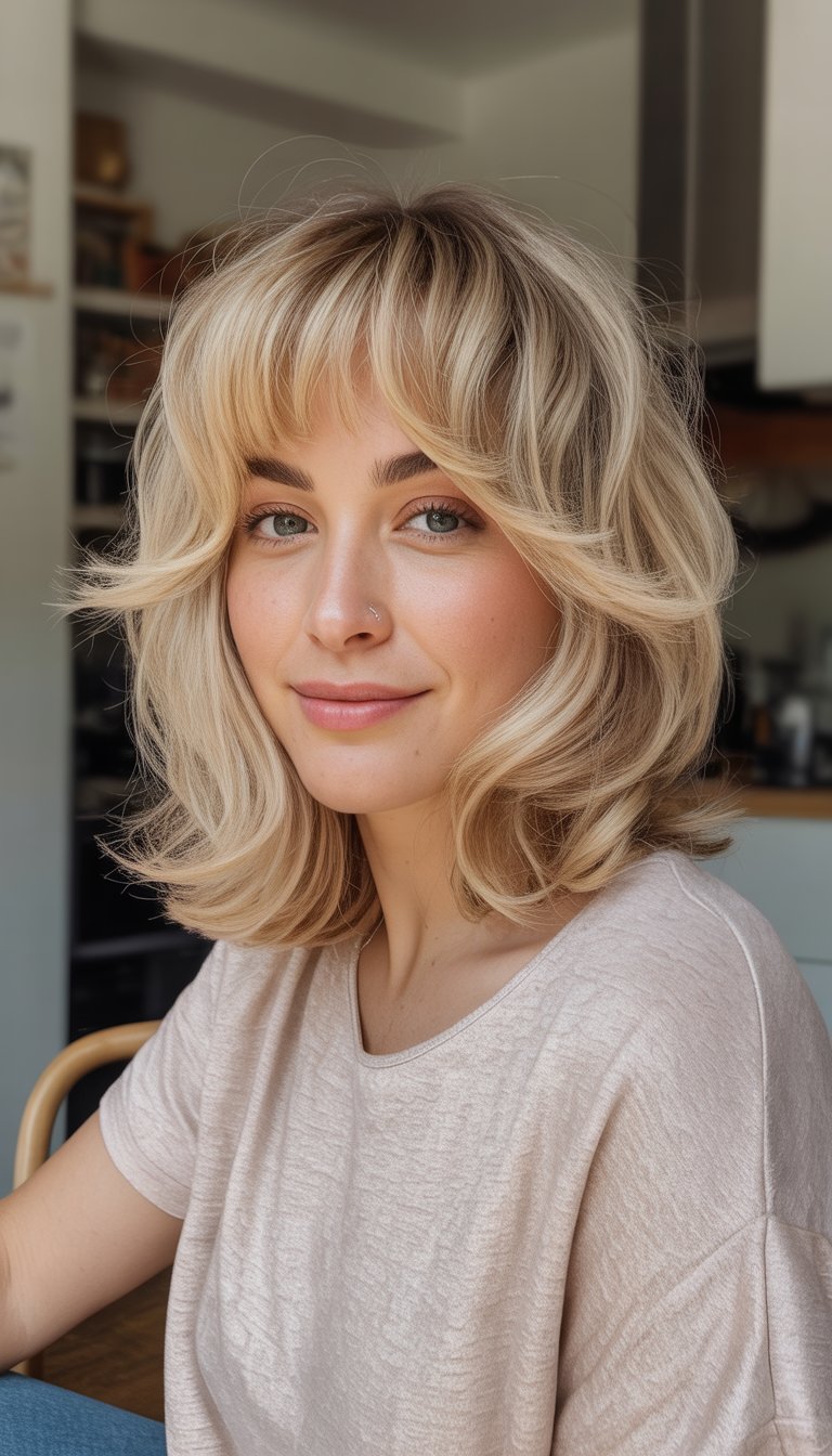 A woman with blonde layered hair and bangs smiling softly in a cozy indoor setting wearing casual clothes.