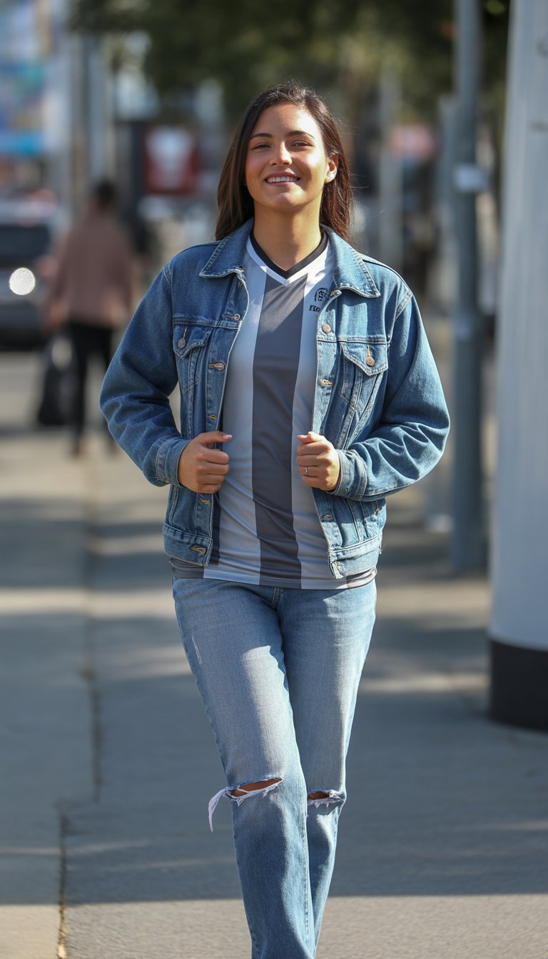 A young woman standing outdoors in a city setting, wearing a denim jacket, soccer jersey, and ripped jeans, looking relaxed and natural.