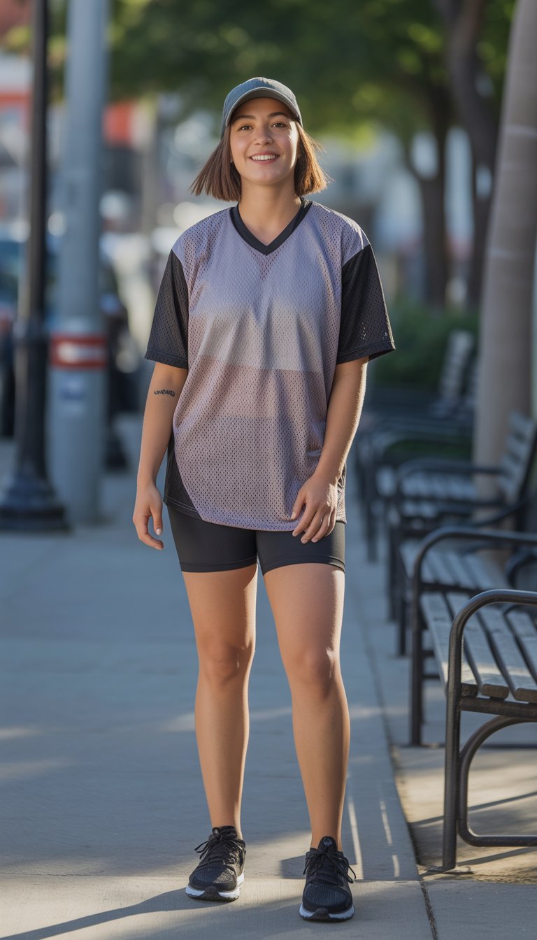 A young woman standing outdoors on a city sidewalk, wearing a mesh jersey, biker shorts, and a baseball cap, looking relaxed and natural.
