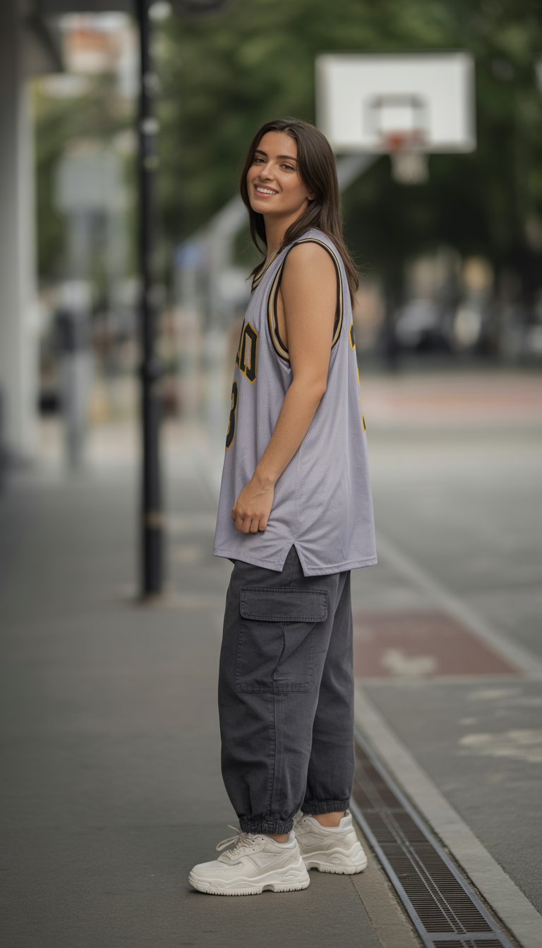 A young woman standing outdoors on a city sidewalk wearing sneakers, a basketball jersey, and cargo pants.
