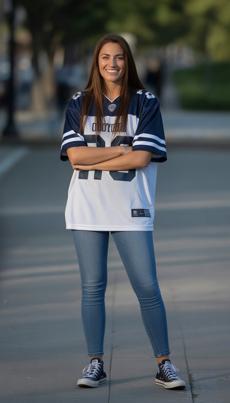 A young woman standing outdoors on a city sidewalk wearing a football jersey, skinny jeans, and sneakers, smiling naturally.