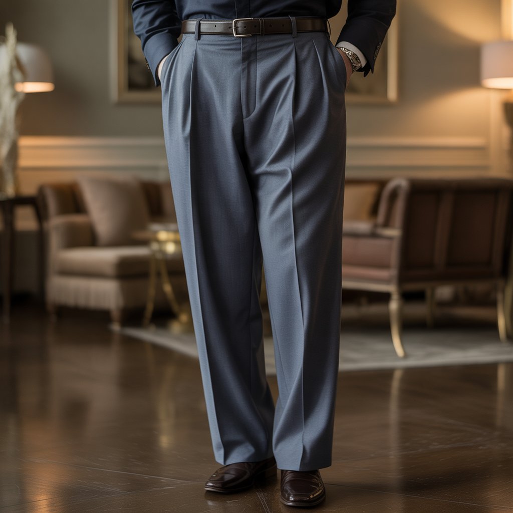 Close-up of a person wearing pleated trousers and polished shoes, standing indoors on a wooden floor.