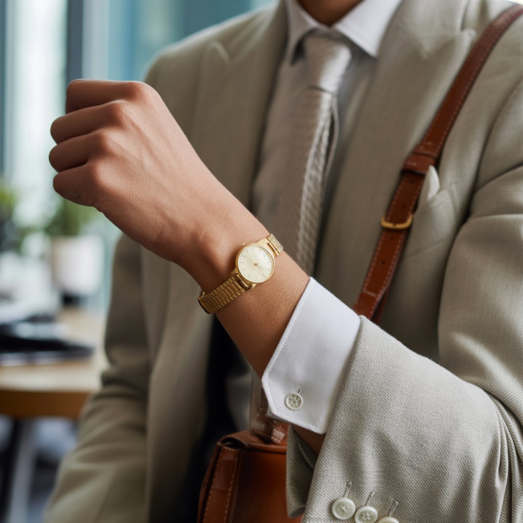 Close-up of a wrist wearing a slim gold wristwatch with a person dressed in a classic outfit in a blurred upscale setting.