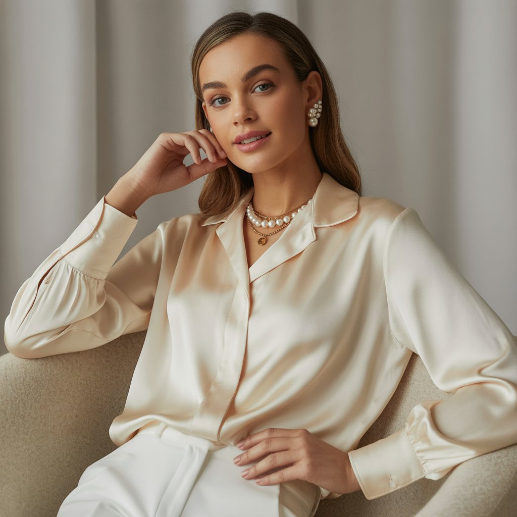 A woman wearing a silk blouse and classic jewelry, standing confidently against a simple background.