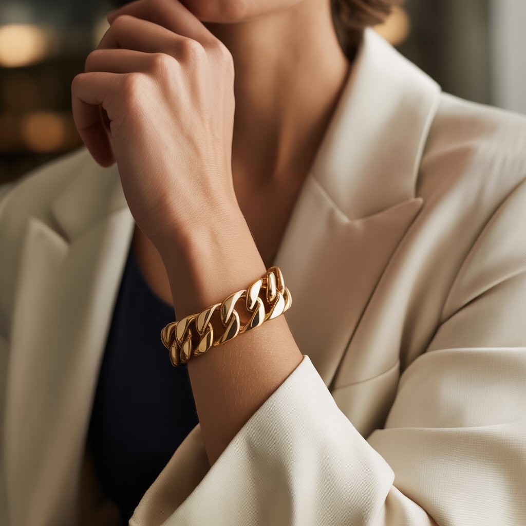Close-up of a wrist wearing a gold link chain bracelet with a neutral-toned outfit in a softly blurred background.
