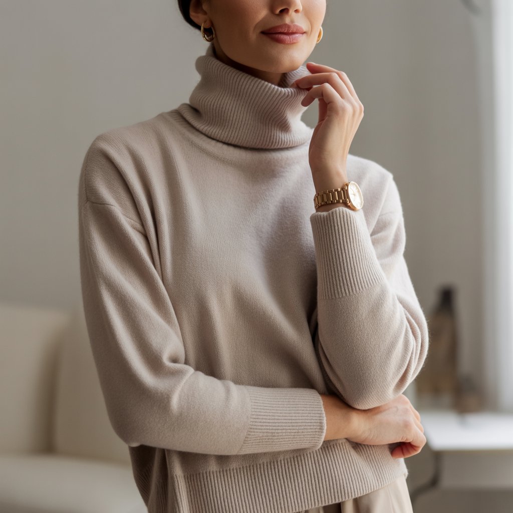 A person wearing a soft cashmere turtleneck sweater, standing indoors with natural light and a blurred background.