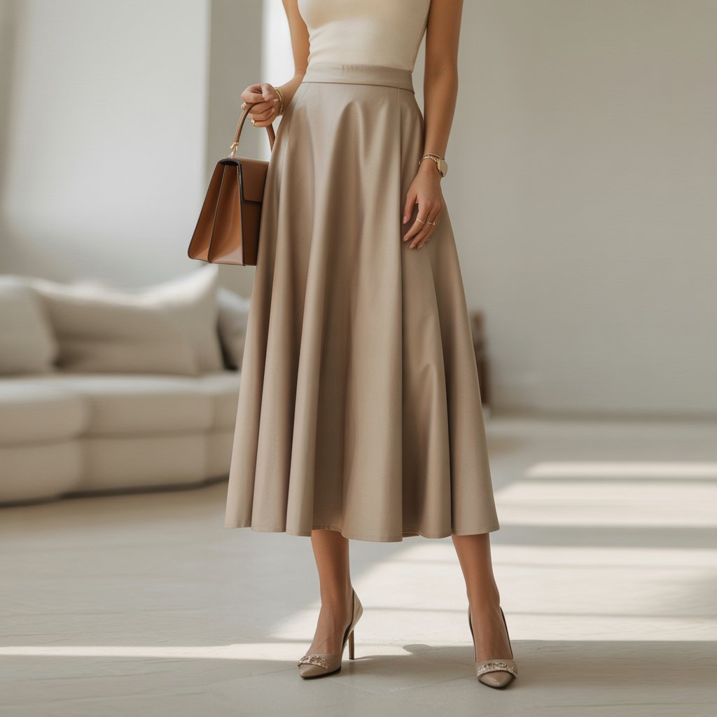 A woman standing indoors wearing a neutral-colored midi skirt and elegant outfit, with simple accessories and soft natural lighting.
