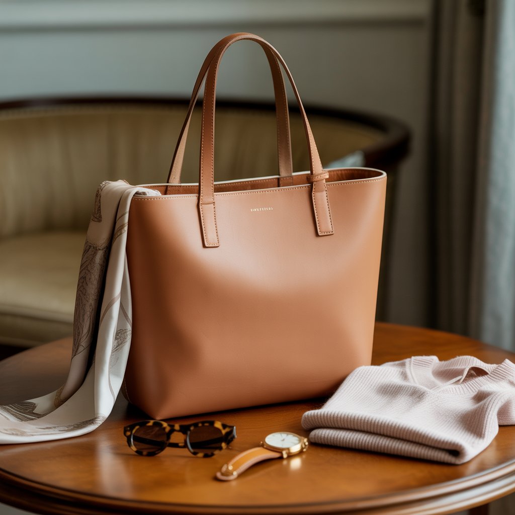 A structured leather tote bag on a wooden table surrounded by a silk scarf, sunglasses, a gold watch, and a folded sweater.