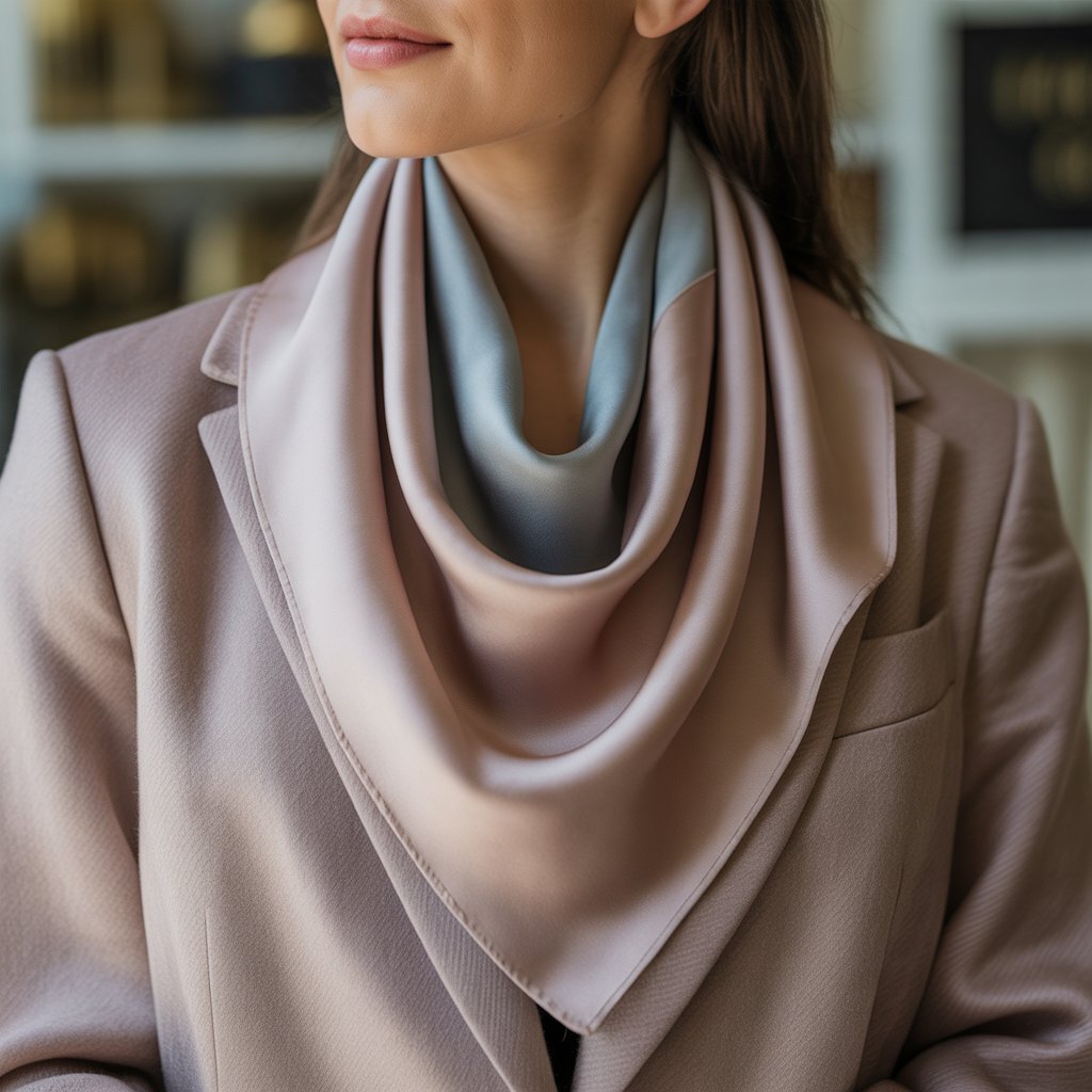 Close-up of a person wearing a muted-tone silk scarf elegantly draped around their neck with a classic, tailored outfit.