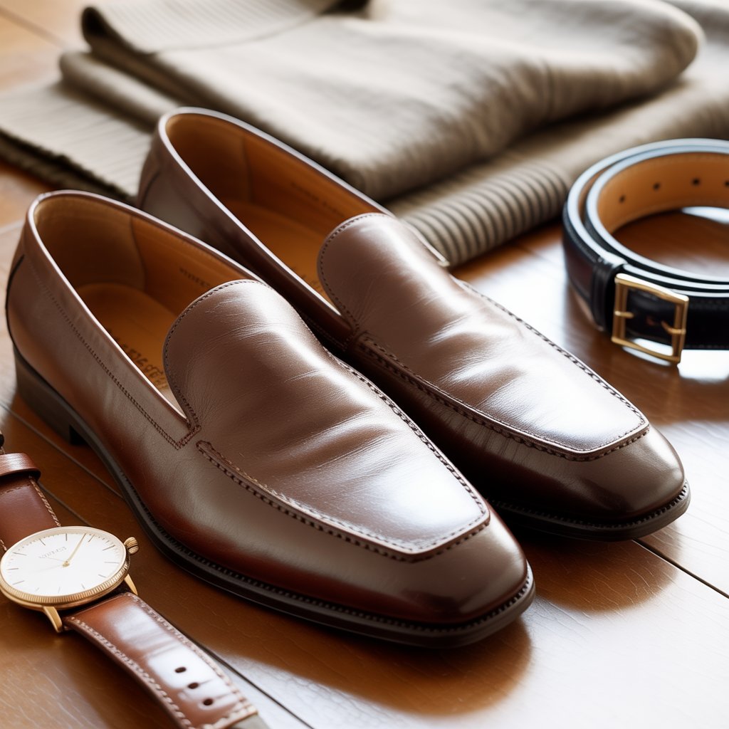 Close-up of brown leather loafers on a wooden floor surrounded by a folded sweater, leather belt, and wristwatch.