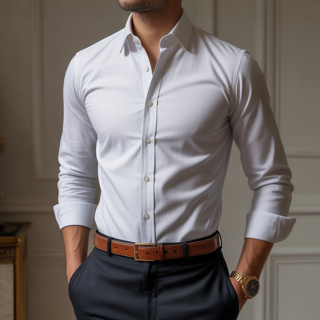 A person wearing a crisp white button-down shirt with elegant accessories against a simple background.