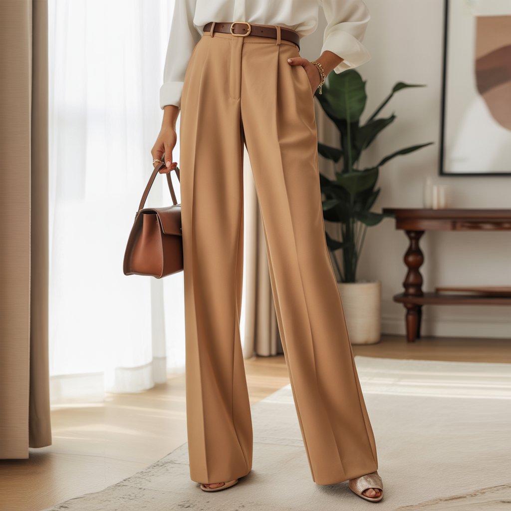 Person standing indoors near a window wearing high-waisted camel trousers and a white blouse, holding a handbag.