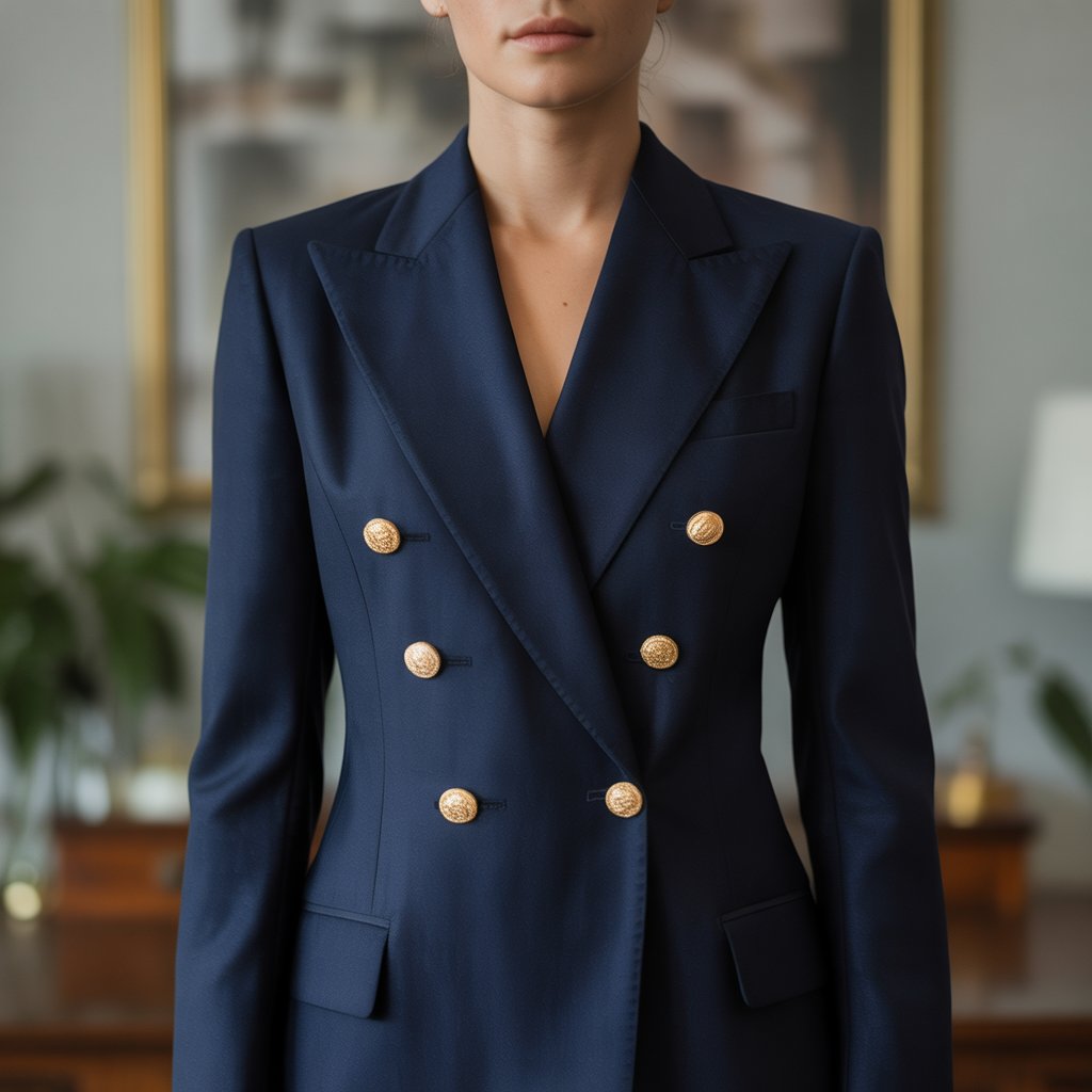 Close-up of a person wearing a navy blazer with gold buttons, standing confidently against a blurred background.
