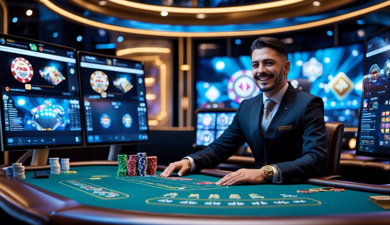 Seorang dealer kasino profesional sedang bermain kartu di meja dengan peralatan kasino dan layar digital di sekitarnya dalam suasana kasino modern.