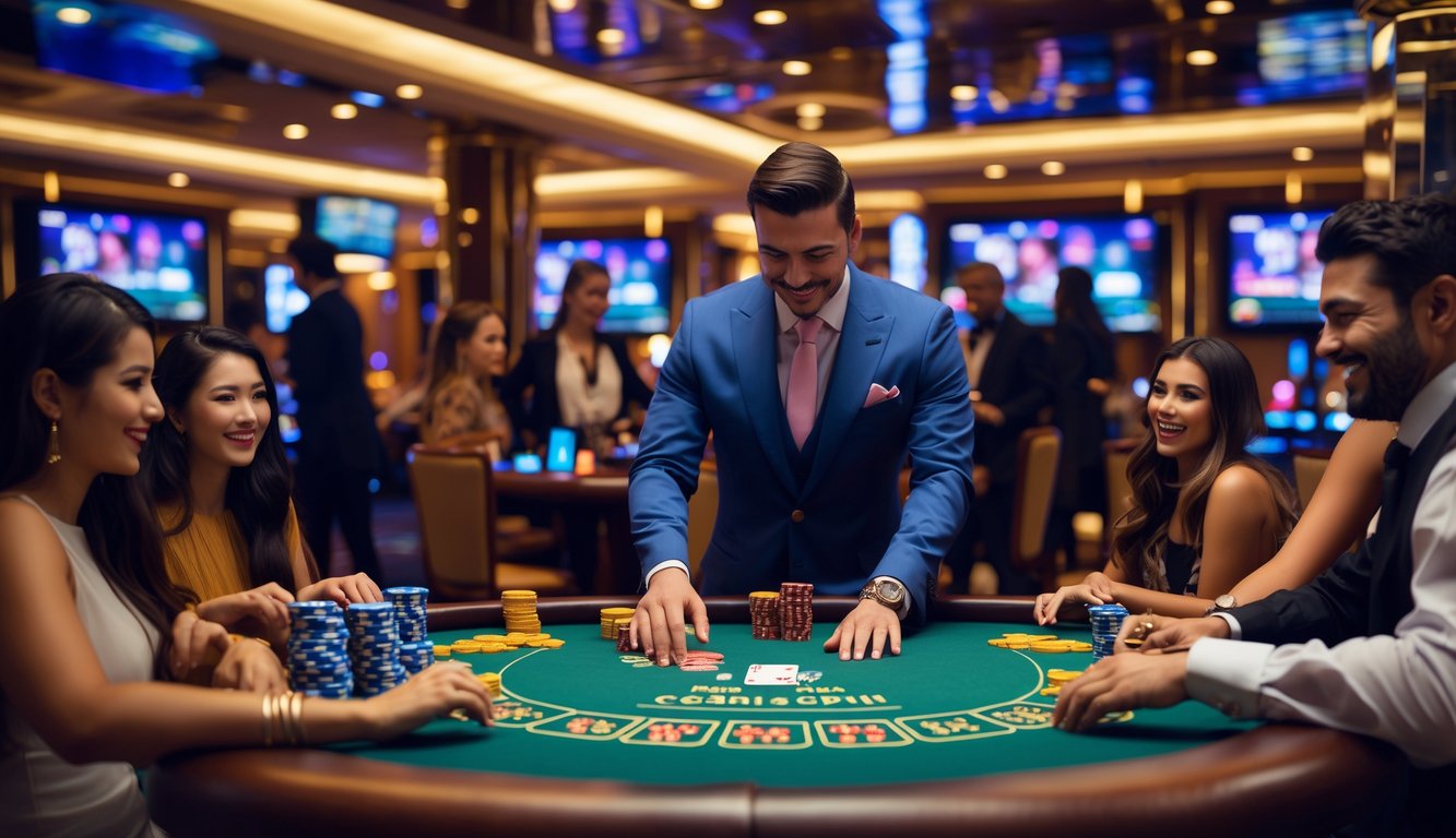 Seorang dealer dan beberapa pemain sedang bermain kartu di meja kasino yang mewah dan terang dengan suasana yang hidup.