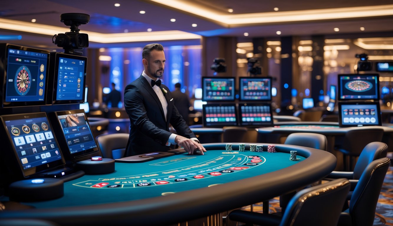 Suasana kasino dengan meja permainan klasik dan teknologi streaming modern yang menampilkan dealer dan peralatan digital.