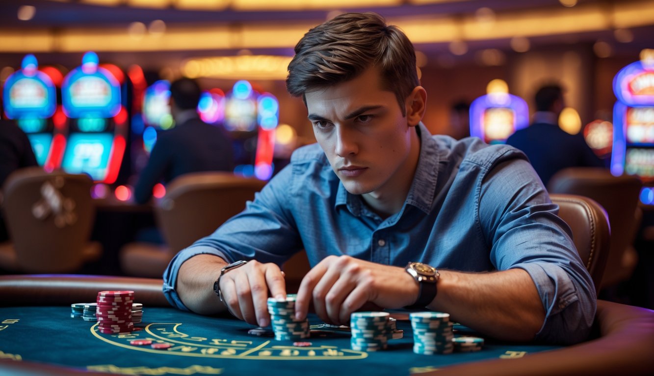 Seorang pria muda fokus bermain di meja kasino dengan kartu dan chip di depan, di lingkungan kasino yang ramai dan berwarna-warni.