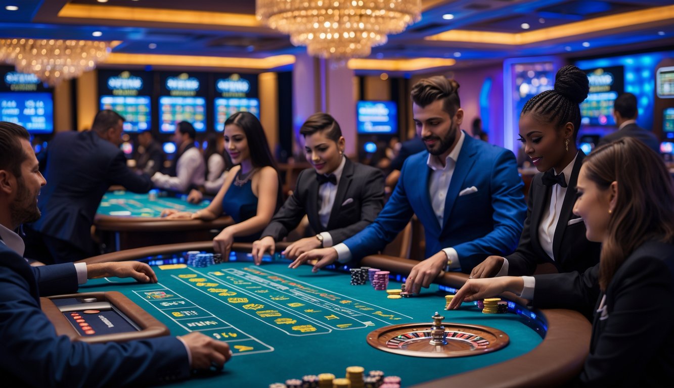 Suasana kasino langsung dengan pemain dan dealer yang sedang bermain permainan secara real-time di meja permainan.