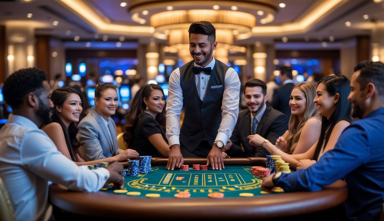 Seorang dealer dan beberapa pemain sedang bermain di meja kasino live dengan suasana yang penuh semangat dan kompetitif.