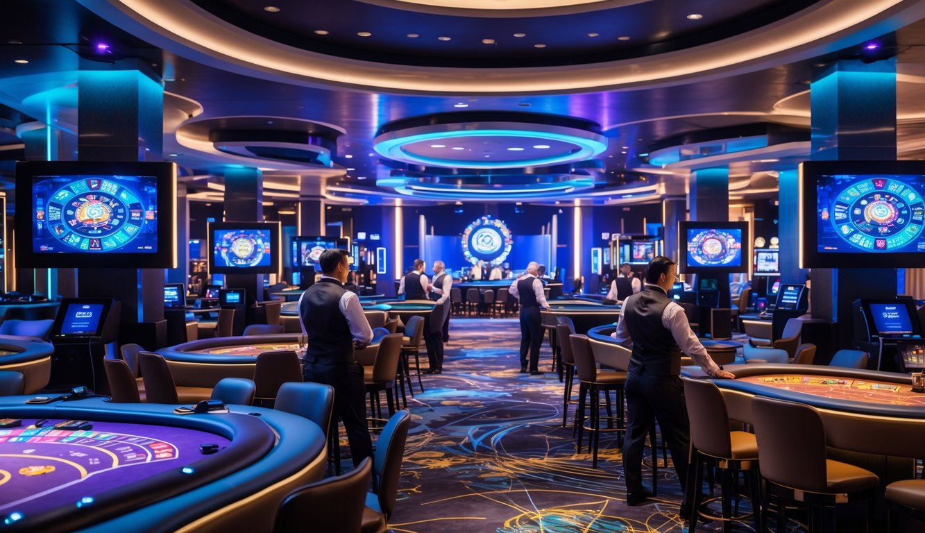Suasana kasino modern dengan meja permainan langsung, dealer profesional, dan peralatan teknologi canggih.