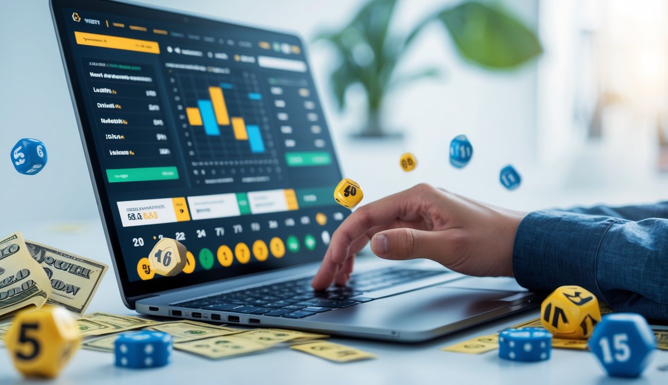 Seseorang menggunakan laptop di meja kerja dengan tampilan angka dan grafik prediksi togel online.