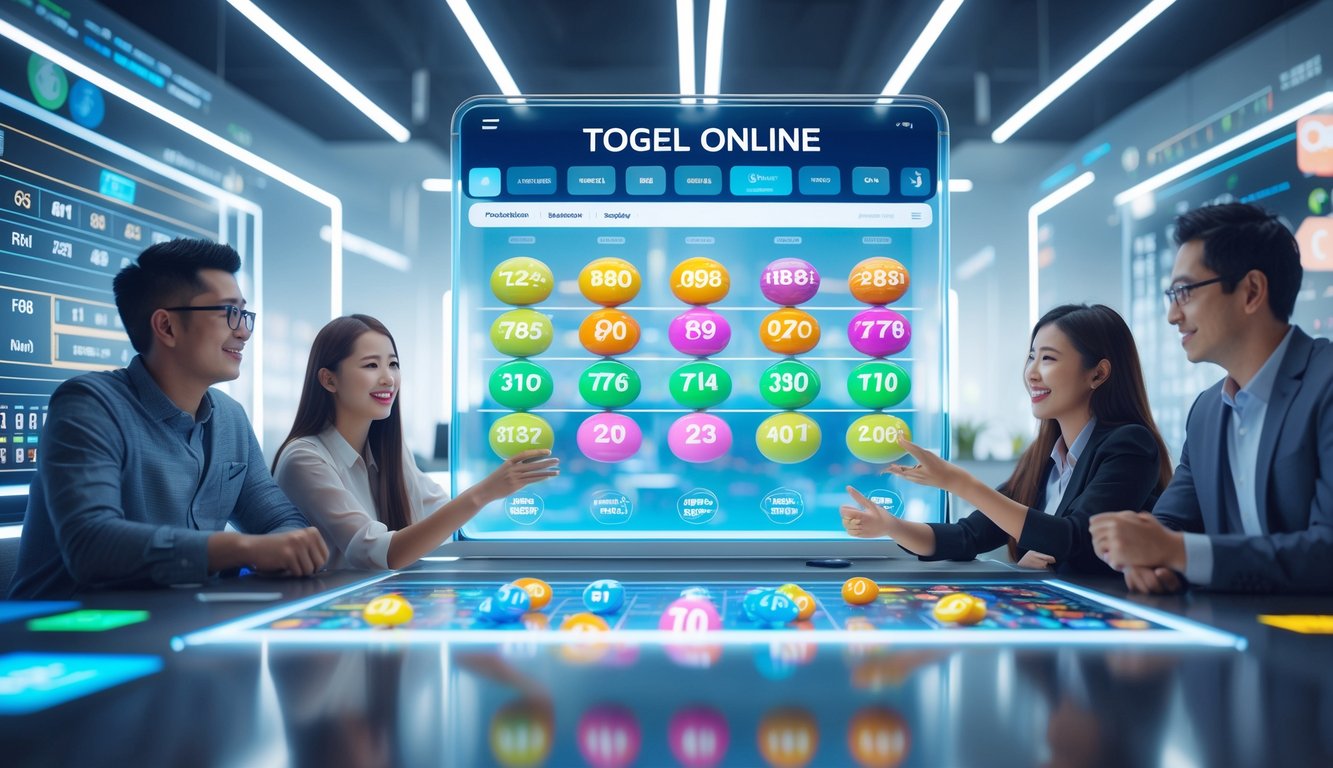 Orang-orang berinteraksi dengan layar sentuh digital yang menampilkan angka togel dan grafik real-time dalam suasana kerja modern.