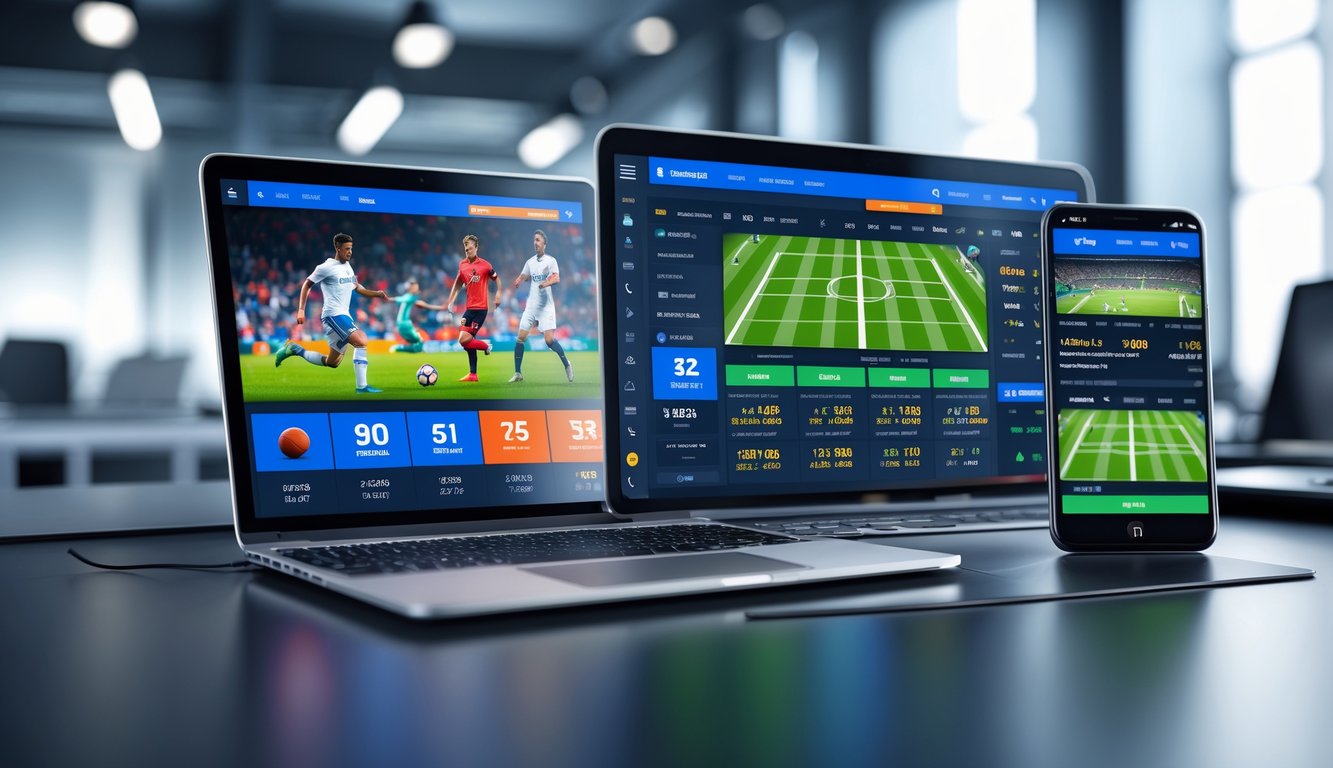 Tampilan beberapa perangkat digital yang menampilkan platform taruhan olahraga dengan berbagai olahraga populer dan statistik pertandingan.