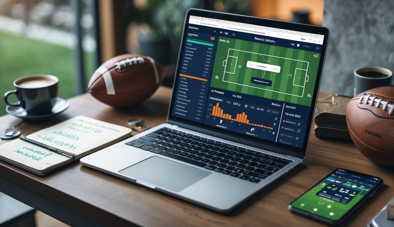 Seorang pengguna bekerja di depan laptop dengan tampilan situs prediksi sepak bola digital, dikelilingi bola sepak, buku catatan, dan ponsel di meja kerja.