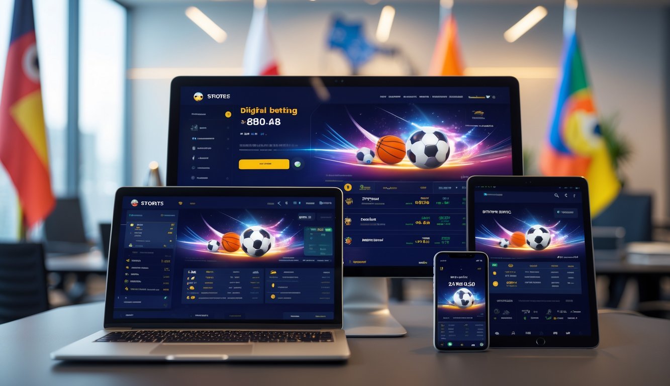 Beberapa perangkat digital menampilkan antarmuka taruhan olahraga dengan berbagai cabang olahraga di latar kantor modern.