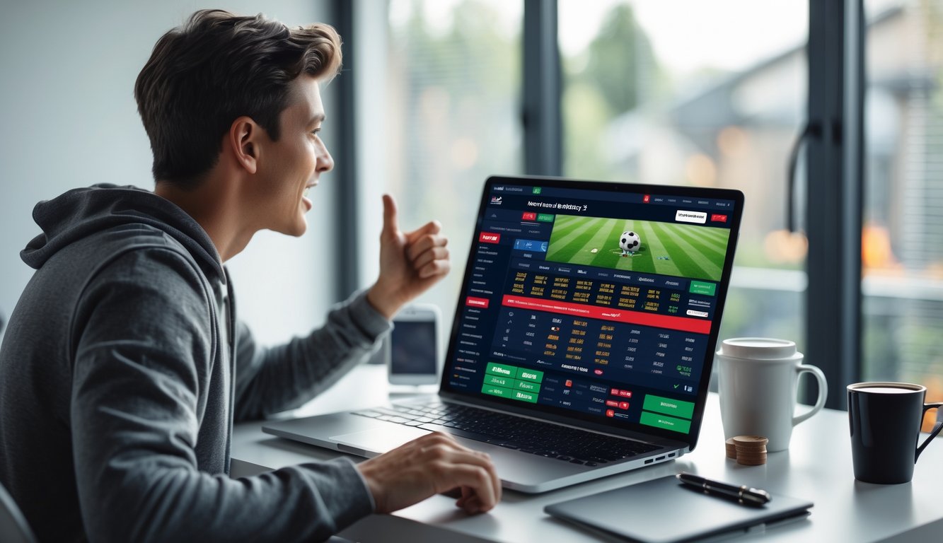 Seorang dewasa muda sedang duduk di meja dengan laptop terbuka menampilkan platform taruhan online yang aktif, suasana ruangan terang dan nyaman.