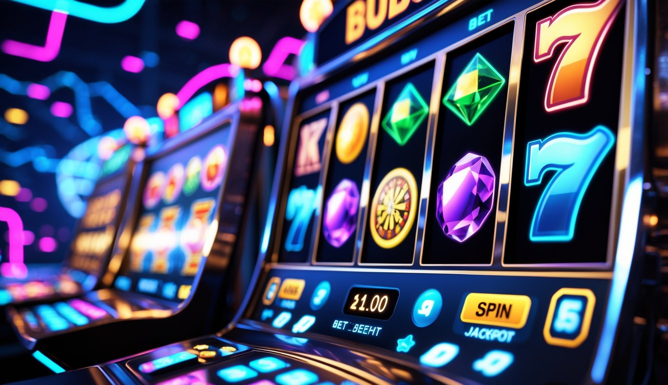 Tampilan layar digital dengan mesin slot online berwarna-warni dan tombol interaktif dalam suasana permainan digital yang dinamis.