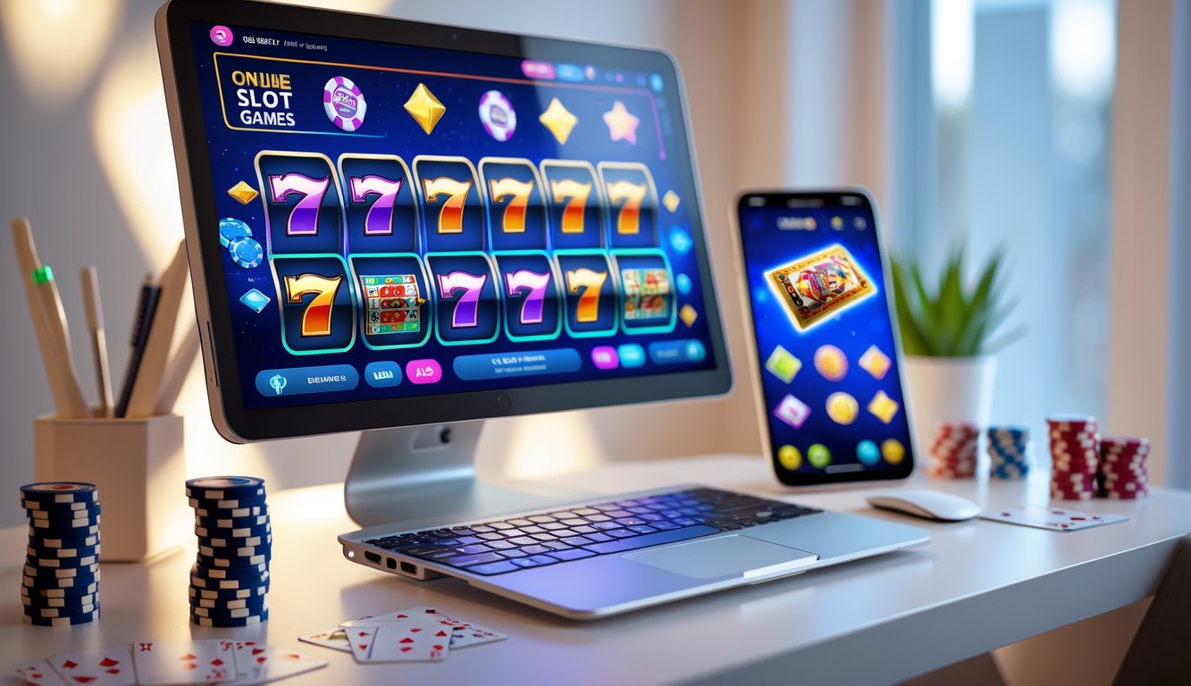 Seseorang sedang menggunakan komputer dengan layar menampilkan permainan slot online, dikelilingi oleh chip poker dan kartu remi di meja.