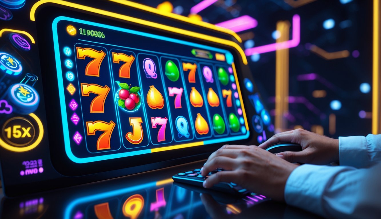Orang sedang bermain permainan slot online dengan antarmuka digital yang modern dan penuh warna di layar komputer.