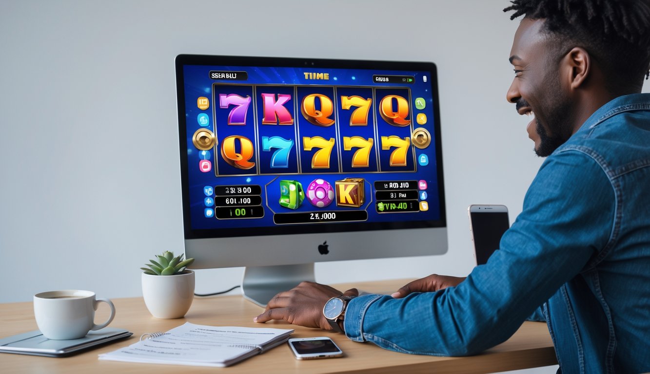 Seorang pemain dewasa sedang bermain permainan slot online di komputer dengan ekspresi fokus dan antusias di ruang kerja yang rapi.