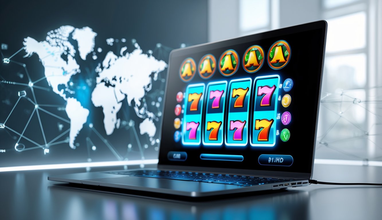 Layar komputer menampilkan permainan slot online dengan simbol berwarna-warni dan latar belakang yang bersih dan modern.