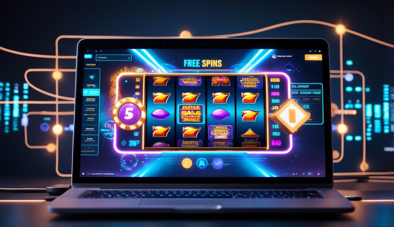 Layar komputer menampilkan permainan slot online dengan simbol warna-warni dan ikon bonus, dikelilingi oleh elemen teknologi futuristik.