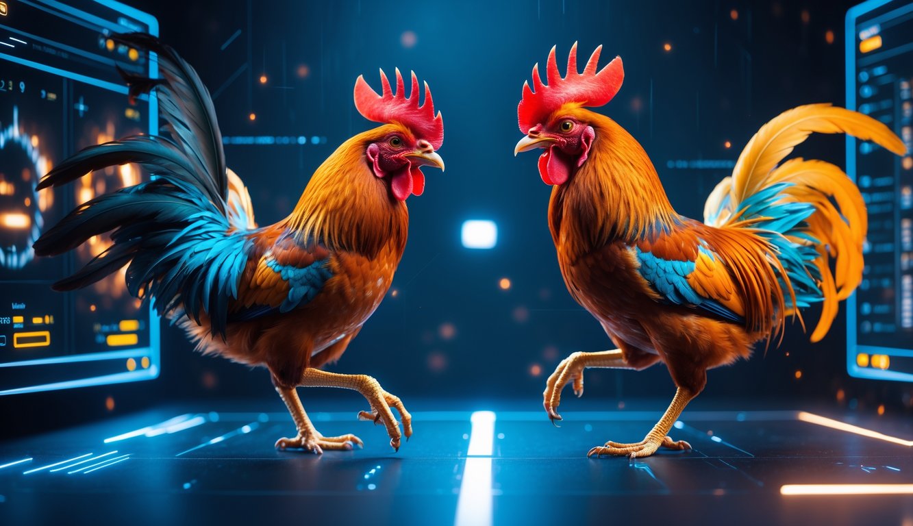 Dua ayam jago berwarna cerah sedang bertarung di atas layar digital dengan latar belakang gelap dan efek teknologi di sekitarnya.