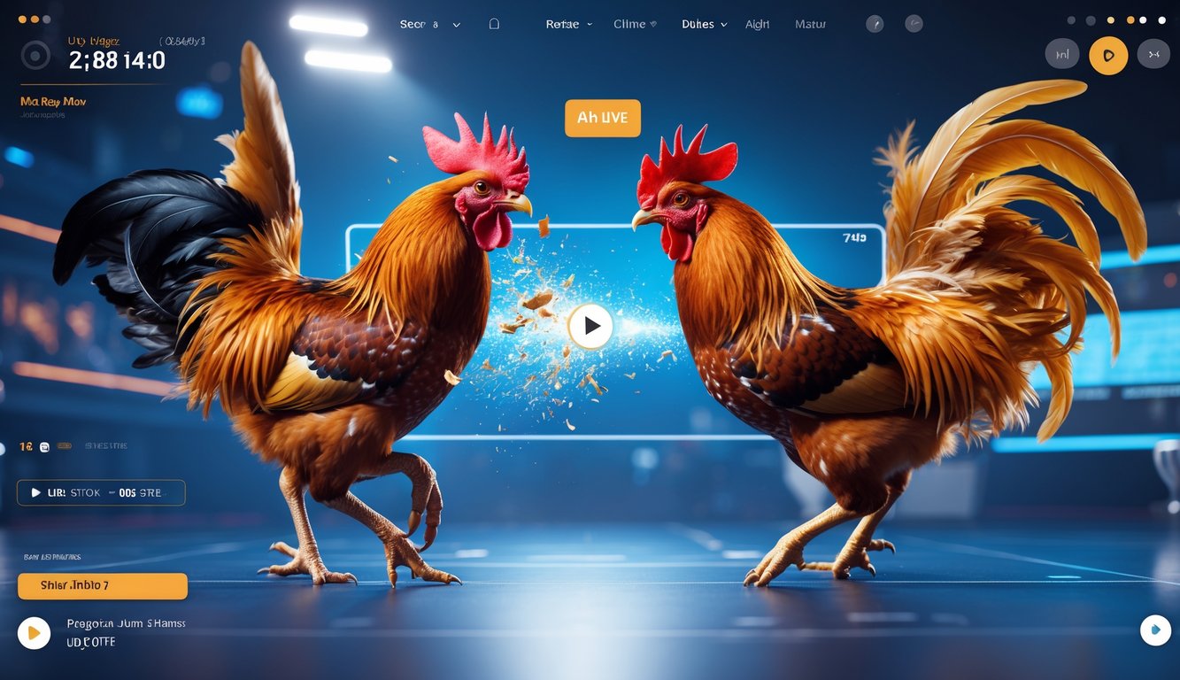 Dua ayam jago sedang bertarung dengan latar belakang antarmuka digital modern yang menampilkan tampilan siaran langsung.