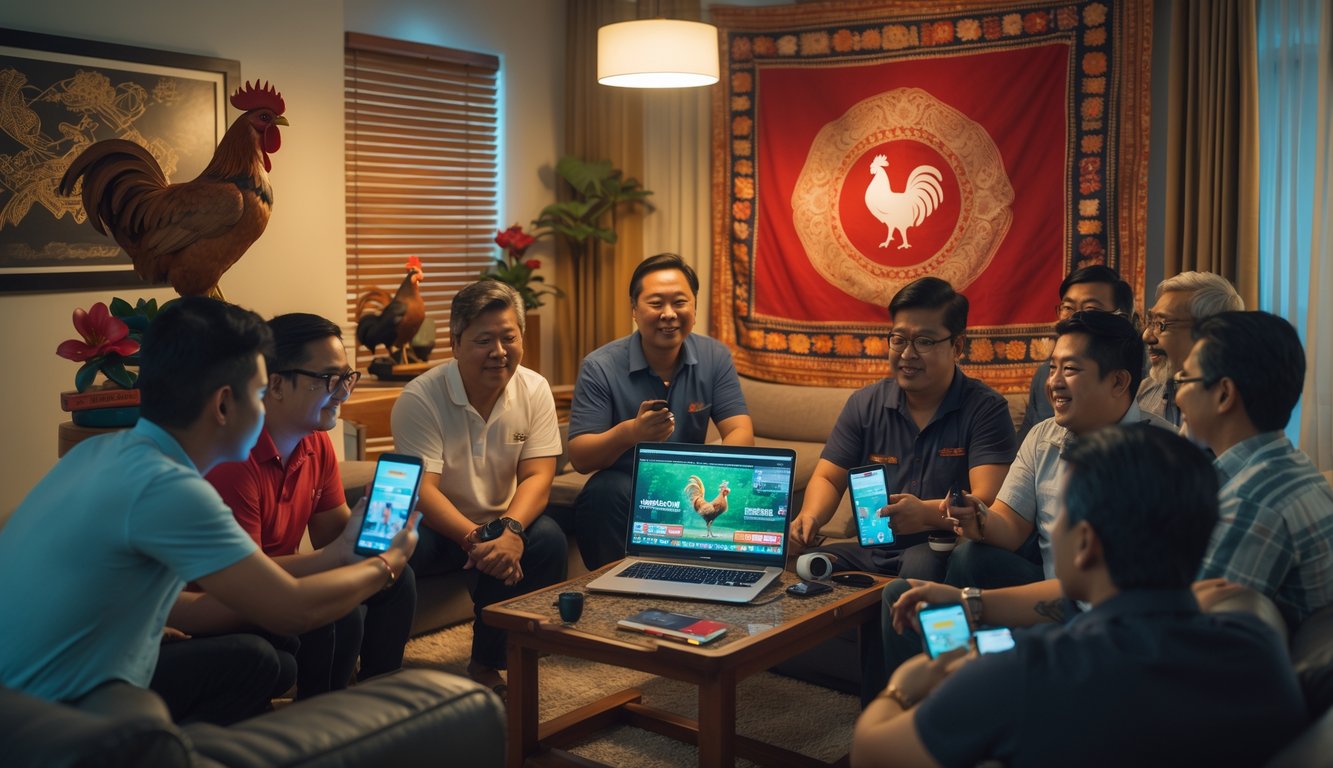 Beberapa orang menonton acara sabung ayam secara online di ruang tamu dengan perangkat digital, dikelilingi elemen budaya tradisional Indonesia.