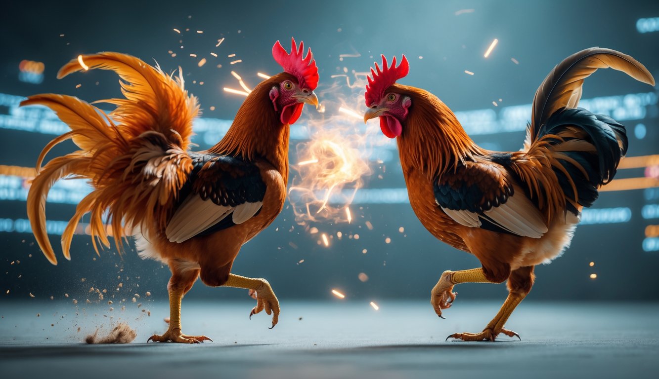 Dua ayam jago sedang bertarung dengan intensitas tinggi, bulu mereka beterbangan di tengah pertarungan.