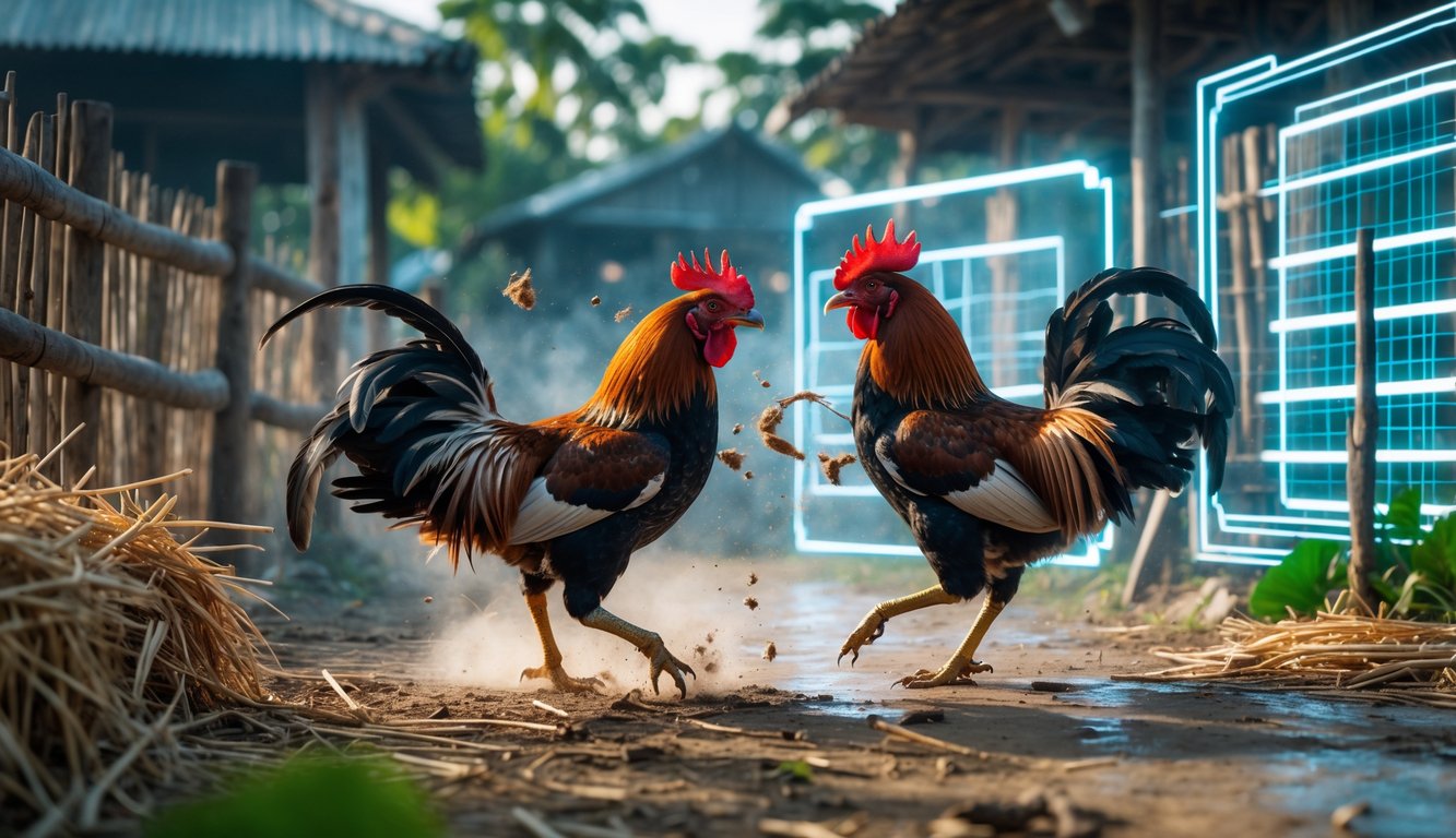 Dua ayam jago sedang bertarung di arena tradisional dengan latar belakang elemen digital yang menunjukkan suasana dunia virtual.