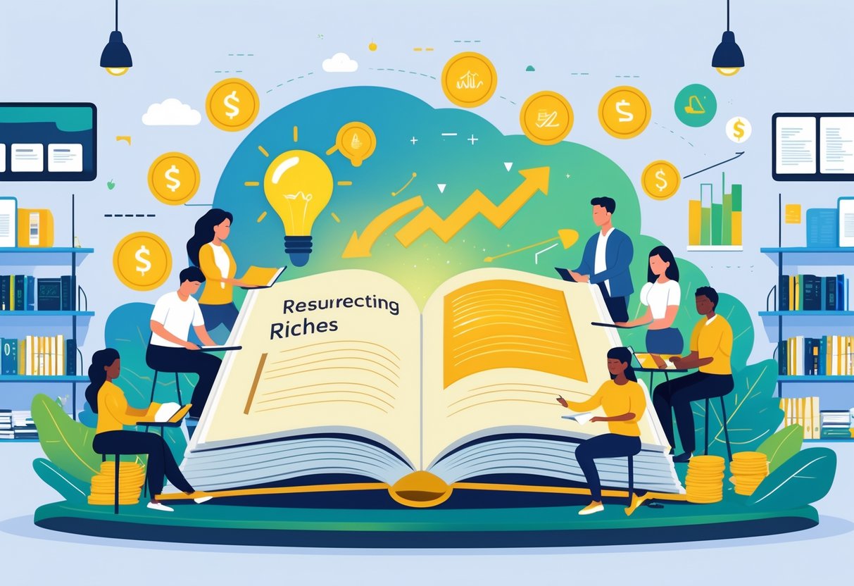 Sekelompok orang belajar bersama di sekitar buku besar yang menyala, dengan latar perpustakaan modern dan simbol-simbol pendidikan serta kekayaan di sekitar mereka.