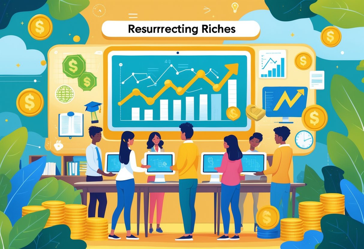 Sekelompok siswa dan guru sedang belajar bersama di dalam kelas dengan alat digital, dikelilingi simbol kekayaan dan pendidikan.