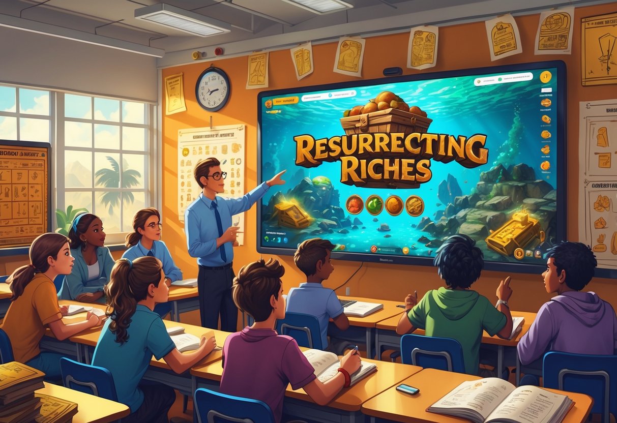 Sekelompok siswa di kelas yang sedang belajar tentang permainan bertema harta karun dengan guru yang menjelaskan menggunakan layar digital.