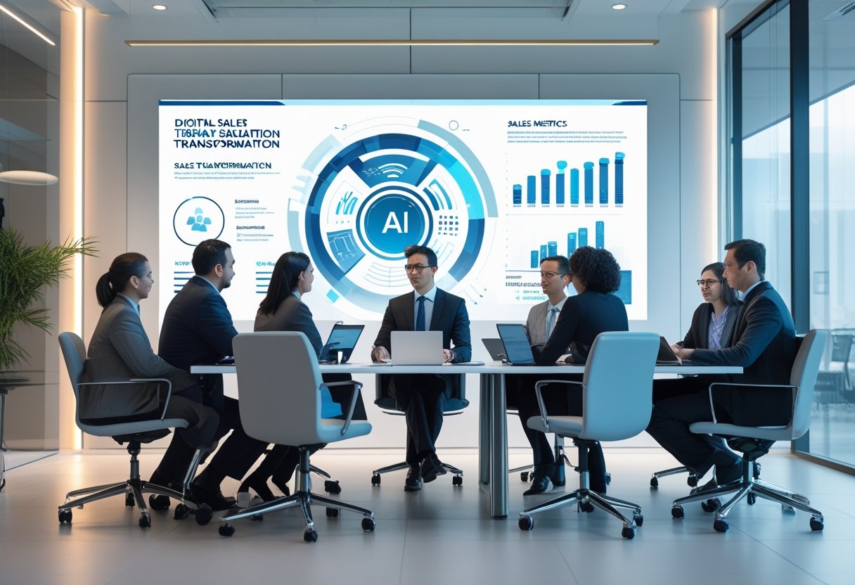 Grupa menedżerów omawiających strategię cyfrowej transformacji sprzedaży w nowoczesnej sali konferencyjnej z ekranem pokazującym wykresy i dane.