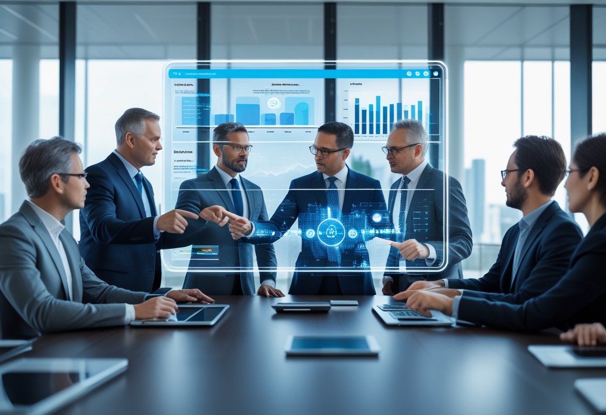 Grupa menedżerów i prezesa omawiających strategię cyfrowej transformacji w nowoczesnej sali konferencyjnej z interaktywnym ekranem dotykowym.