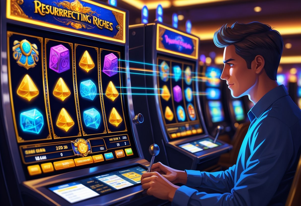 Seorang pemain slot sedang menganalisis pola permainan di mesin slot dengan simbol harta karun dan artefak kuno di latar kasino.