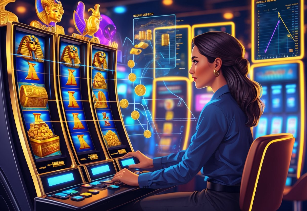 Seorang pemain slot fokus bermain di mesin slot dengan simbol Mesir kuno dan grafik pola kemenangan di sekitarnya di dalam suasana kasino.