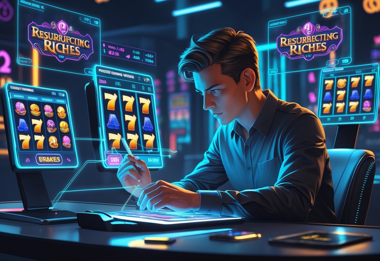 Seorang pemain slot sedang menganalisis pola permainan dengan layar digital yang menampilkan grafik dan data permainan di lingkungan gaming modern.